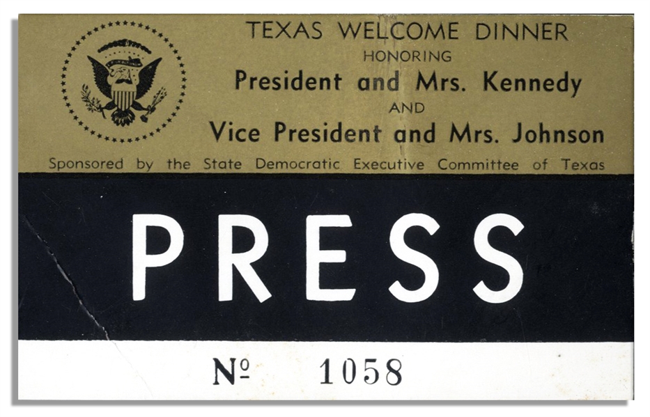 Texas Welcome Dinner Press Pass From the Night of John F. Kennedy's Assassination
